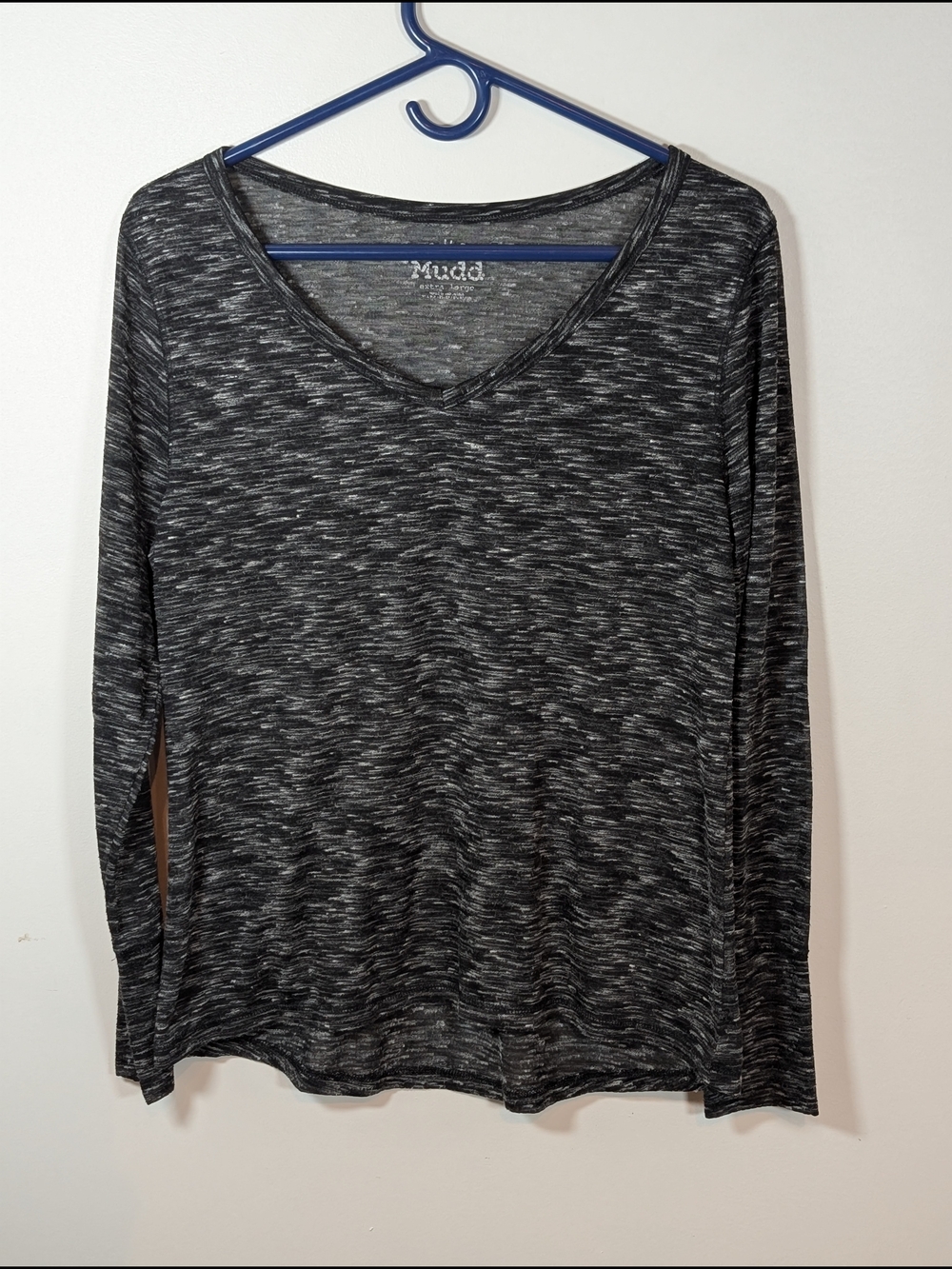 Mudd Womens Gray Black Heathered Knit V-Neck Long Sleeve Pullover Top XL